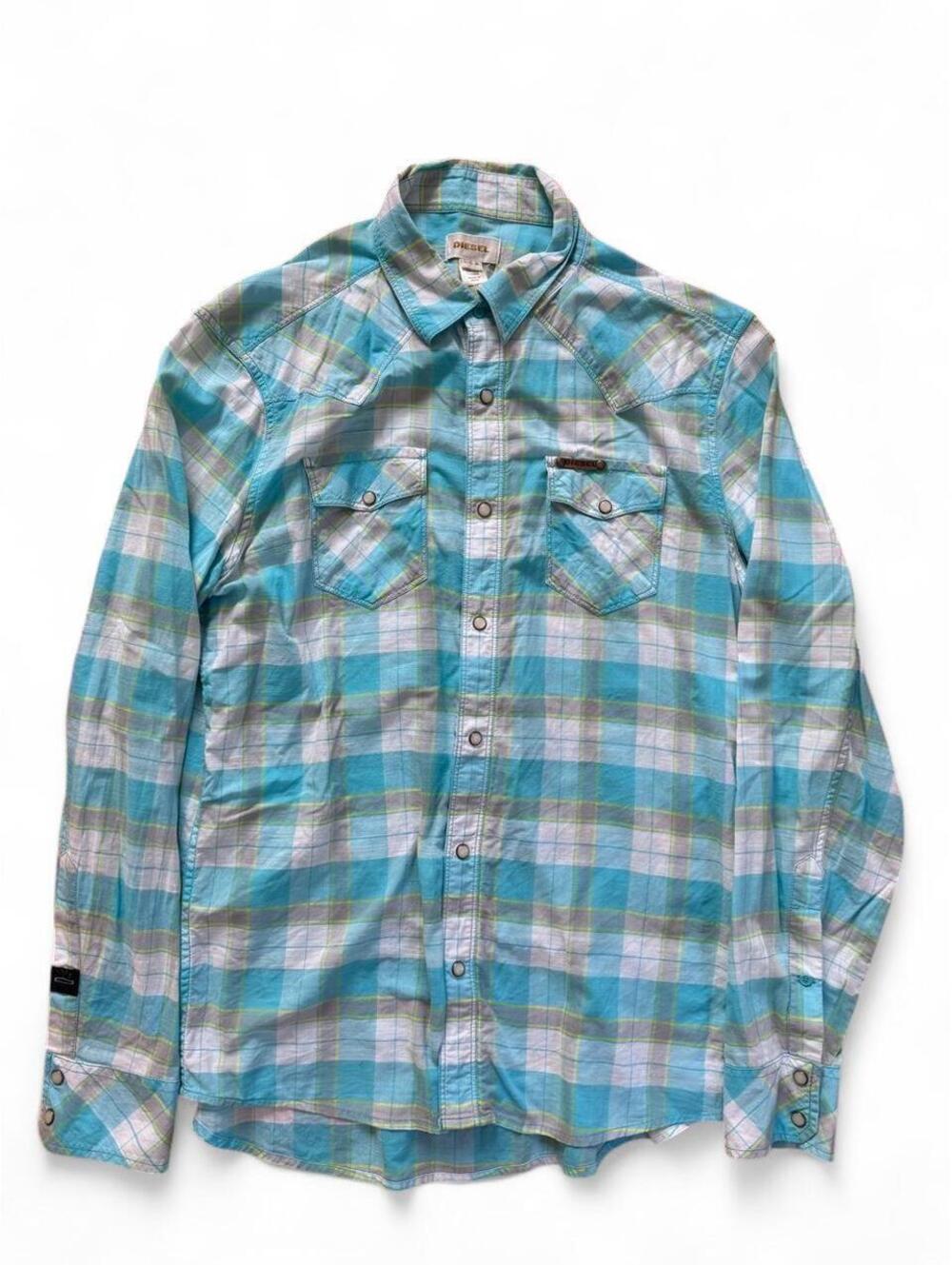 Diesel blue plaid pearl snap shirt